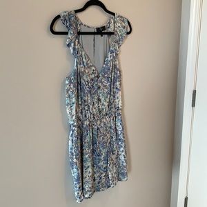 Multi-shade blue ruffle sleeveless faux wrap dress